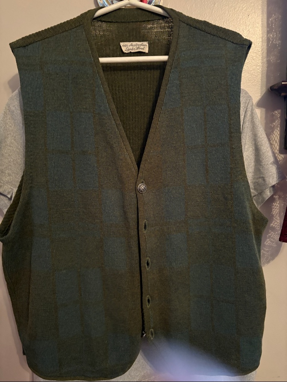 Vintage 100% Australian Lambs Wool Green Button-Front Vest